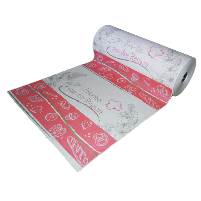 Bäckerseide / Einschlagpapier 50 cm Kraftpapier 35g/qm, 8 / 10 kg Druckmotiv "Frische aus der Region" Rolle